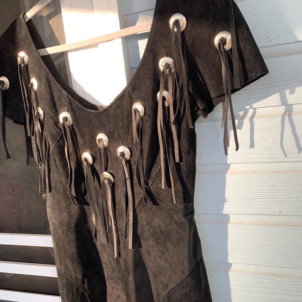Western Fringe Concho Black Suede Dress 9/10 *VINTAGE* - Picture 9 of 15